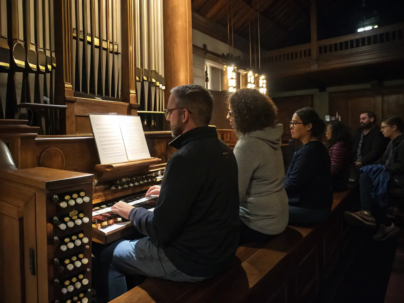 A photograph of children participating in an organ music workshop, showing them learning about the instrument and playing simple melodies.