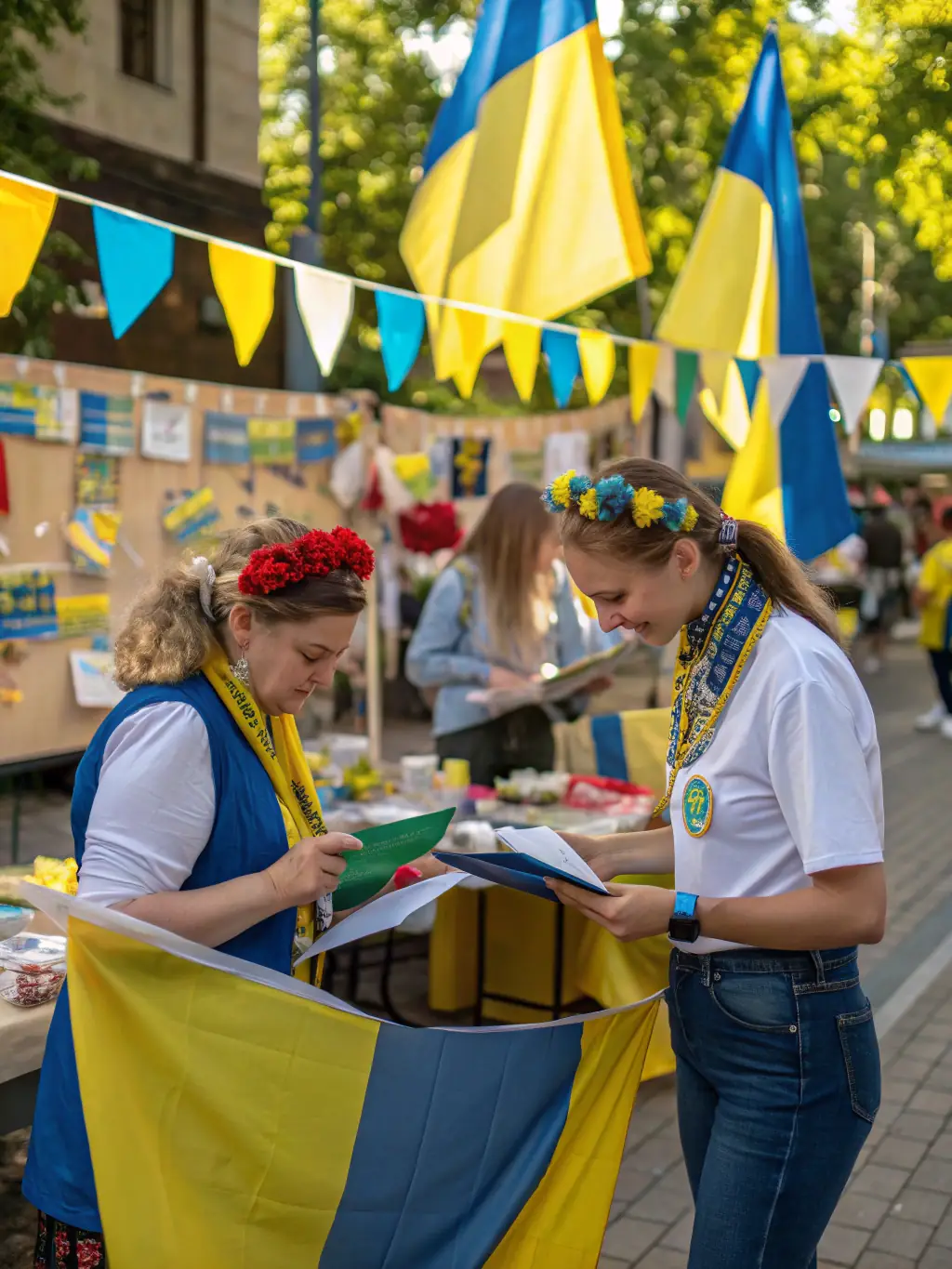 A photo of volunteers setting up for a community event, with banners promoting organ music education and cultural enrichment.