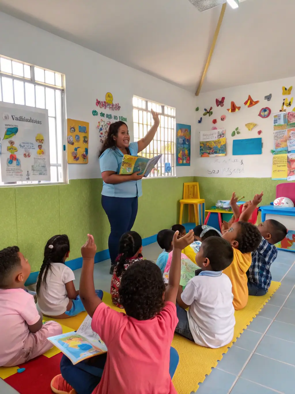 A group of children gathered around an organ, guided by an instructor, during a youth outreach program.
