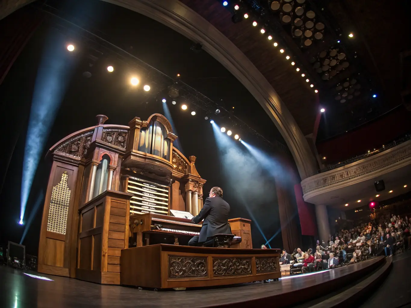 A photograph of a classical organ concert in a historic church, showcasing the organist performing and the audience listening attentively.