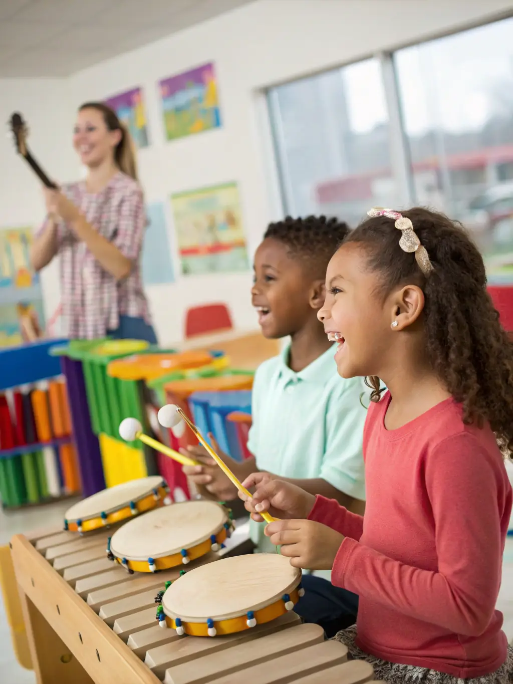 A brightly lit photo of children participating in an organ music workshop, with a skilled instructor guiding them on a small practice organ.